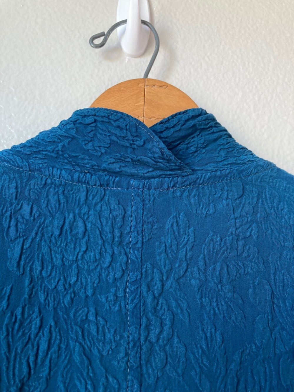 Vintage 90s URU Dark Teal Silk Textured Floral Tunic Jacket Artsy Global 2 M/L - Picture 7 of 11
